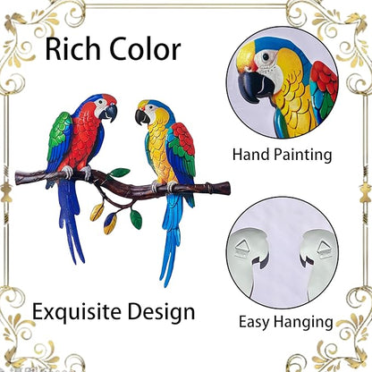 Limygus Tropical Metal Parrot Wall Art, Colorful Double Bird Garden Decor, Outdoor Hanging Decorations for Patio, Fence, Yard, Living Room, Balcony