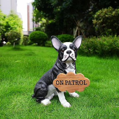 Cheerful Black & White Boston Terrier Dog Sculpture with Solar Lantern & Double-Sided 'On Patrol' and 'Welcome' Signposts – Fun Outdoor Resin Statue for Garden, Yard, and Patio Décor
