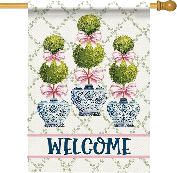 Chinoiserie Topiary Welcome Decorative Garden Flag, Blue and White Porcelain Botanical Large Yard Outside Decorations, Pink Bow Coquette Plant Burlap Outdoor Home Decor Double Sided 28 x 40