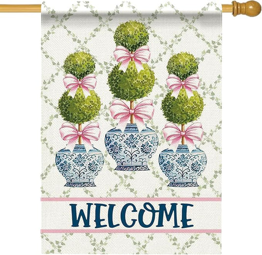 Chinoiserie Topiary Welcome Decorative Garden Flag, Blue and White Porcelain Botanical Large Yard Outside Decorations, Pink Bow Coquette Plant Burlap Outdoor Home Decor Double Sided 28 x 40