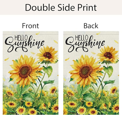 Spring Summer Sunflower Garden Flag 12x18 Inch Double Sided Burlap for Outside，Hello Sunshine Yard Sign Seasonal Holiday Outdoor Decoration