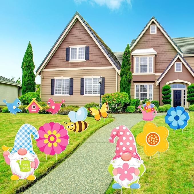 Amyhill 12 Pack Hello Spring Yard Decoration Outdoor Flower Garden Lawn Stake Signs with Stakes Waterproof Spring Garden Decor for Holiday Party Patio Lawn Walkway Outside(Fresh Style)