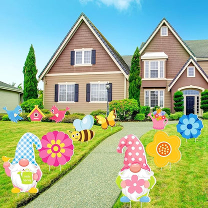 Amyhill 12 Pack Hello Spring Yard Decoration Outdoor Flower Garden Lawn Stake Signs with Stakes Waterproof Spring Garden Decor for Holiday Party Patio Lawn Walkway Outside(Fresh Style)