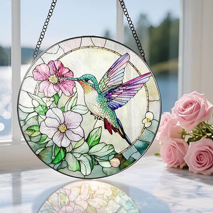 Hummingbird Suncatcher Stained Glass, Stain Glass Window Hanging, 8 Inch Stained Glass Decor, Bird Wall Art, Hummingbird Gifts, Gifts for Mom, Indoor Decor, Memory Sympathy Gift
