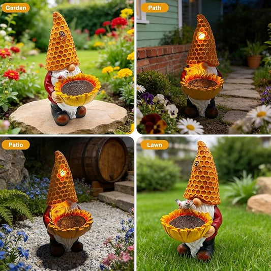 Solar Gnome Garden Statue with Honeycomb Hat & Sunflower Bird Feeder - Outdoor Decor with LED Lights for Patio, Lawn, Yard, Porch, Backyard,Best Garden Gifts for Mothers Day, Housewarming, Festival