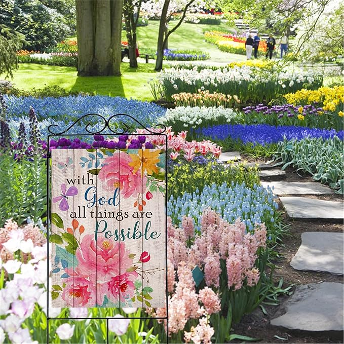Artofy with God all Things are Possible Christian Home Decorative House Flag, Spring Summer Garden Yard Religious Outdoor Peony Flower, Inspirational Butterfly Outside Farmhouse Large Decor 28 x 40