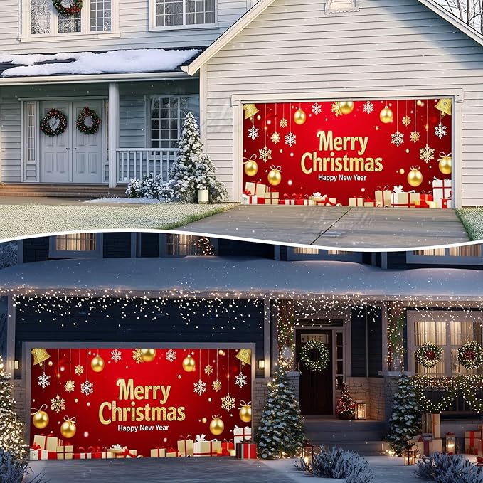 IVN Christmas Garage Door Cover Decoration 13x6ft Red and Gold Ornaments Snowflakes and Gift Boxes Merry Christmas Winter Garage Door Banner Home Door Front Yard Decor for Xmas Eve Holiday Outdoor