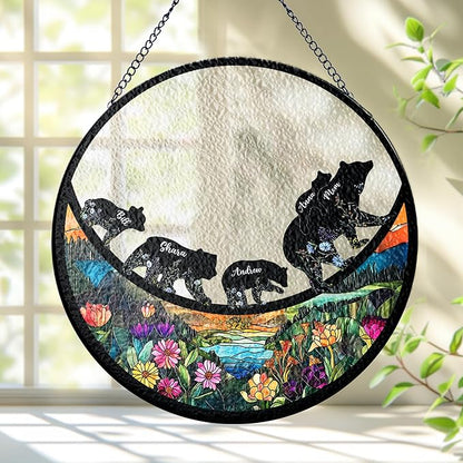 NAZENTI Personalized Bear Family Stained Glass Window Hanging Gifts for Mothers Day, Birthday, Christmas, Custom Stained Glass for Mom, Grandma, Family from Grandkids, Home Decor