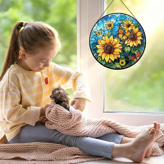 Sunflower Stained Glass Window Hanging, 7.9" Sunflower Sun Catcher Glass Panel with Chain, Sunflowers Hand Painted Round Wall Art Gifts for Women, Sunflowers Decor Christmas Housewarming Gift