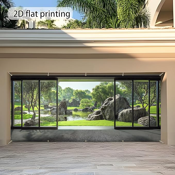 Garage door banner cover, 6x13 ft Spring Japanese Garden Backdrop, Courtyard Background Decoration Photo Banner (Japanese Garden)