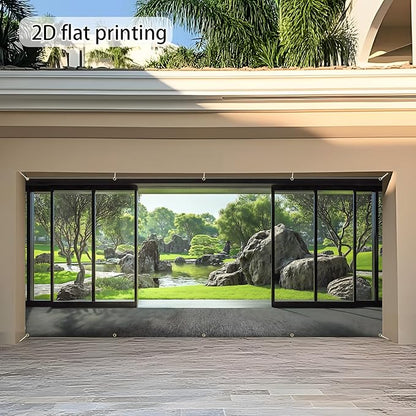 Garage door banner cover, 6x13 ft Spring Japanese Garden Backdrop, Courtyard Background Decoration Photo Banner (Japanese Garden)
