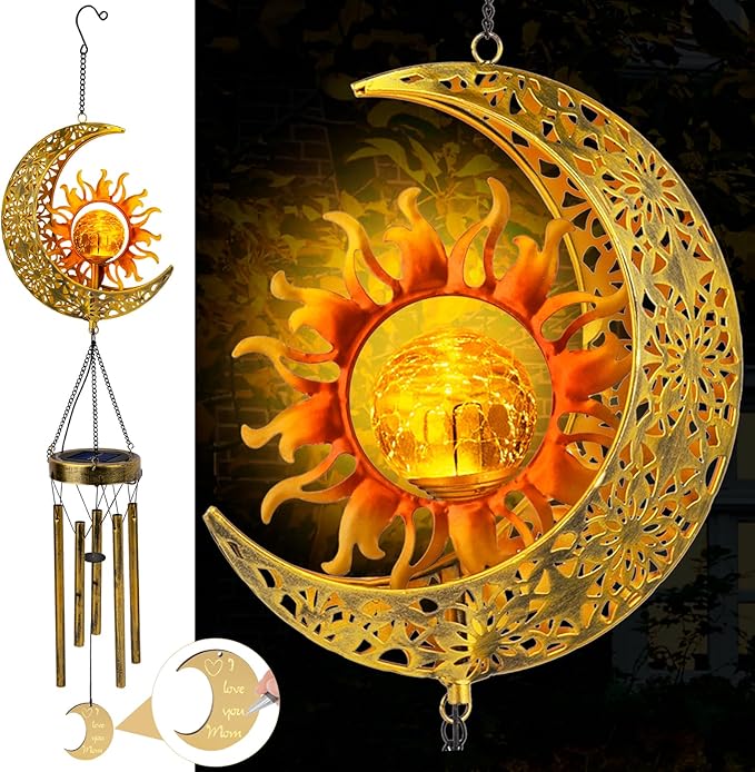 JYPS Sun Moon Solar Wind Chimes, 47-Inch Large Waterproof Windchimes for Outside with Glowing Crackle Glass Ball, Garden Patio Yard Decor Christmas Day Birthday Unique Gifts for Women Mom Grandma Wife
