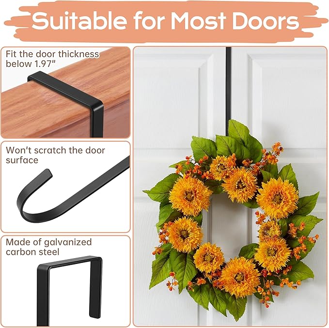 Wreath Door Hanger, Over Door Hook, 15" Long Plant Hangers Outdoor, Metal Garden Fence Plant Hooks for Hanging Planters, Flower Baskets or Pots, Bird Feeders, Festival Decorations (SSF4)