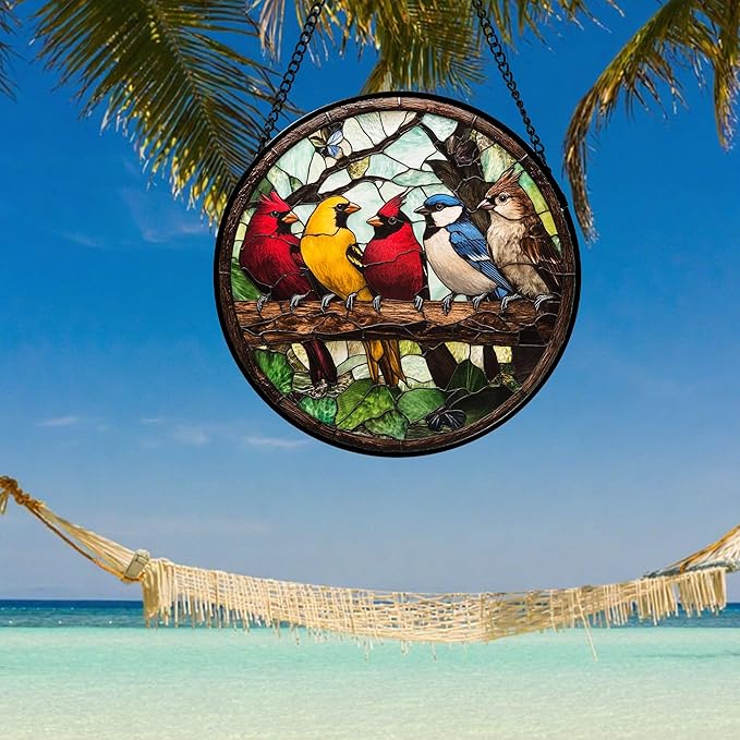 Stained Glass Window Hanging Cardinal on Branch Large 15" - Brown Suncatcher Door Garden Patio Sun Catcher Home Decor Christmas for Bird Lovers Mom Woman Grandma Men Nana