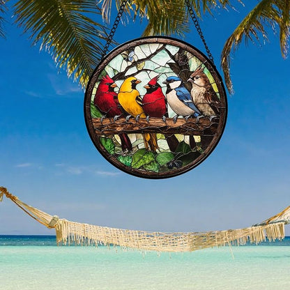 Stained Glass Window Hanging Cardinal on Branch Large 11.8" - Brown Suncatcher Door Garden Patio Sun Catcher Home Decor Christmas for Bird Lovers Mom Woman Grandma Men Nana