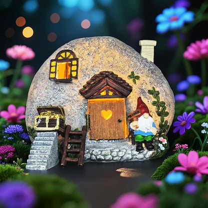 Fairy Garden Accessories Gnome House 4 Pcs Kit, Solar Statues with Openable Door for Yard Lawn Patio, Resin Stone Houses, Treasure chest, staircase, ladder Figurines, Birthday Gifts Idea for Women