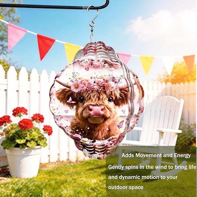 Wind Spinners Cute Cow Floral Crown Art 9.8 x 9.8 Inch Metal Wind Spinner Outdoor Garden Decor Soft Farm Illustration Decorative Wind Spinners for Yard Patio