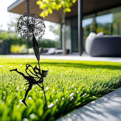 Flower Fairy Dancing with Dandelion Garden Sculpture,Angel Metal Ornaments Stainless Steel Statue Decorations,Wonderland Outdoor Yard Lawn Patio Stakes Sculptures Decor (D)