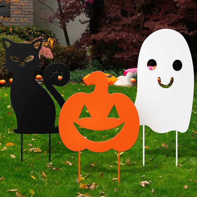 3 Pack Halloween Decorations Outdoor Metal Halloween Garden Stakes Metal Ghost Pumpkins Black Cat Yard Signs Decor for Outside Garden Lawn Porch Patio Party Decorations(Mixed Style)