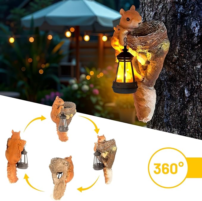 Garden Decor Squirrel Tree Hugger, Outdoor Statue with Solar Powered Lantern for Outside Porch Patio Wall Tree Fence, Housewarming Gifts for Women Mom Garden Lovers