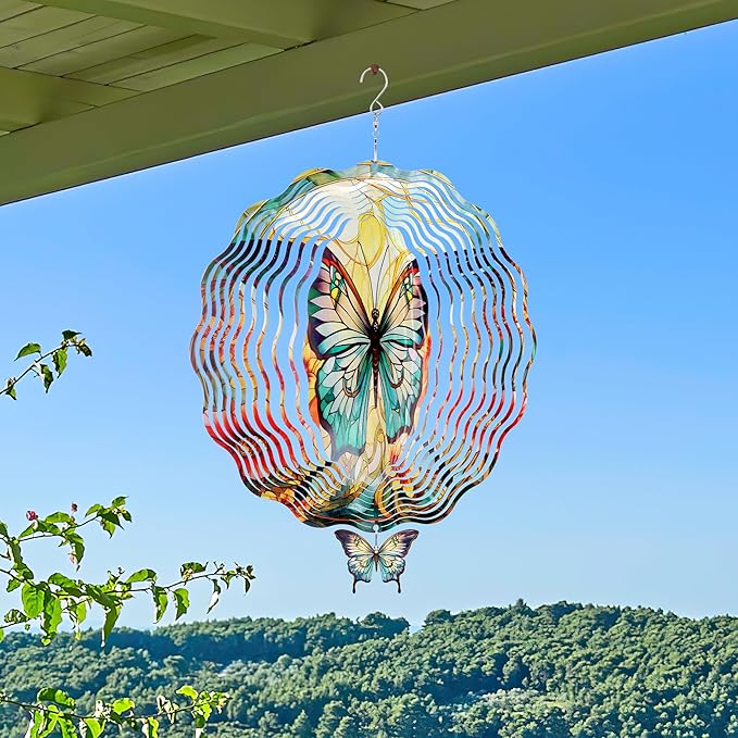 Butterfly Wind Spinners Outdoor - 3D Steel Stainless Flower Hanging Decor Garden Yard Patio Indoor Outside Art Ornaments 12 Inch Kinetic Sculpture Birthday for Women Mom Wife
