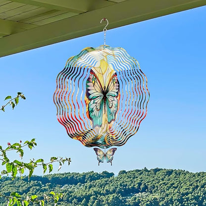 Butterfly Wind Spinners Outdoor - 3D Steel Stainless Flower Hanging Decor Garden Yard Patio Indoor Outside Art Ornaments 12 Inch Kinetic Sculpture Birthday for Women Mom Wife