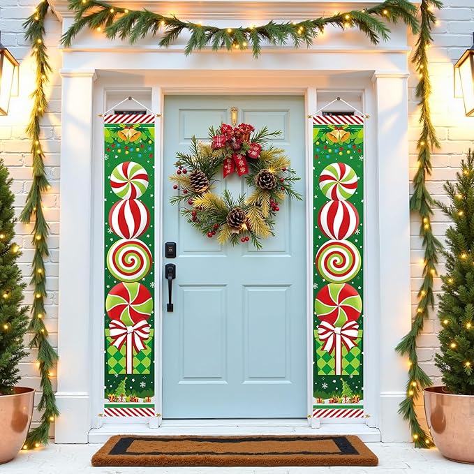Ivenf Christmas Decorations Outdoor Yard: Large Peppermint Giftbox Front Porch Sign Set, Hanging Red Green White Door Banner Xmas Decorations for Home Wall Front Door Yard Garage Indoor Outdoor Decor