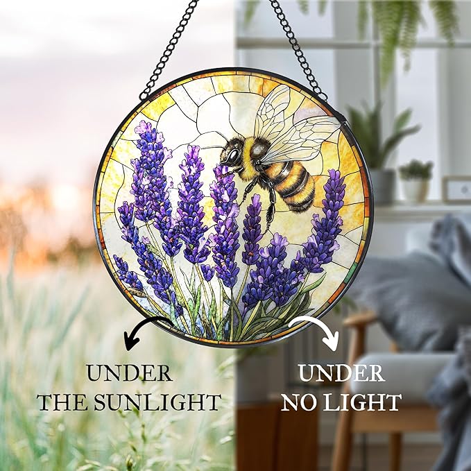 Vintage Bee Lavender Stained Glass Window Hanging Suncatcher, Bumble Bee Flowers Sun Catcher Indoor Window Decor, Rustic Purple Painted Glass Round Wall Hanging Decorations, 7.8x7.8 in