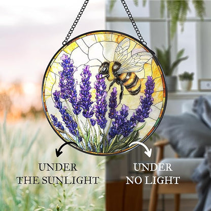 Vintage Bee Lavender Stained Glass Window Hanging Suncatcher, Bumble Bee Flowers Sun Catcher Indoor Window Decor, Rustic Purple Painted Glass Round Wall Hanging Decorations, 7.8x7.8 in