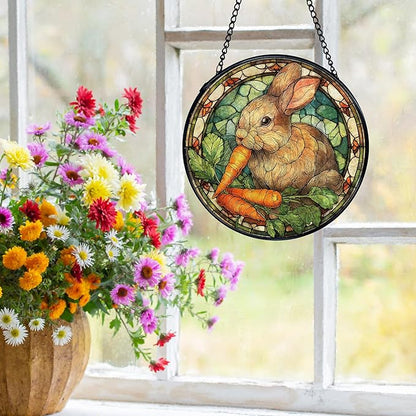 Bunny Decor, Bunny Gifts for Women, Rabbit Suncatchers Stained Glass Window Hanging, Rabbit Decor Sun Catchers Indoor Window Glass Round Wall Decor, 7.9x7.9in