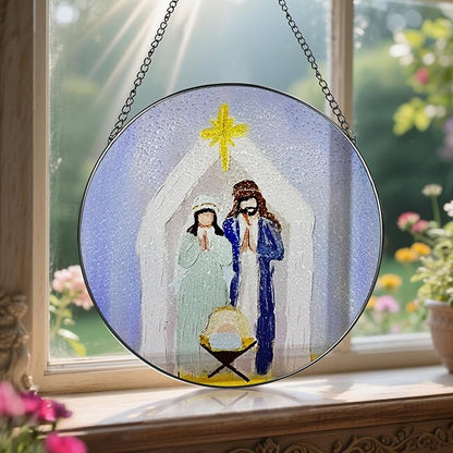 8 Inches Stained Glass Window Hanging, Nativity Scene Ornament, Jesus Birth Christmas Ornament, Holy Family Decor, Christian Holiday Decor, Christian Gift, Religious Gift, Gifts for Christmas