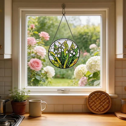 Stained Glass Sun Catcher,Valley FlowersStained Glass Window Hanging Garden Decor,Sun Catchers Indoor Window,Whimsical Decoration for Home Backyard Patio Lawn Porch with 7.9 INCH