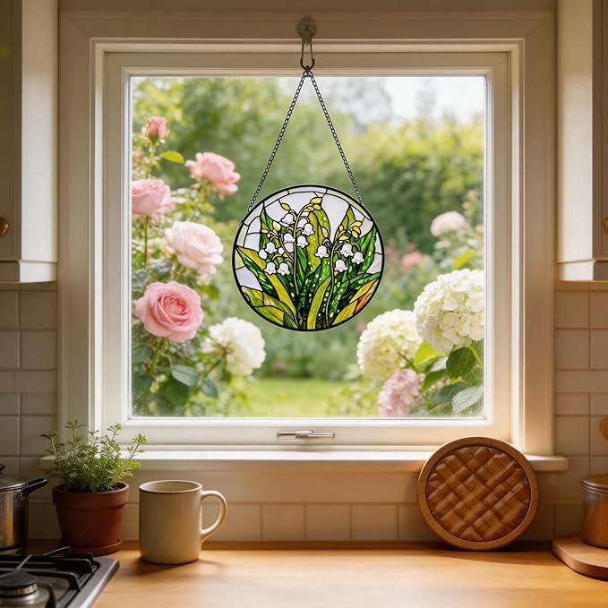 Stained Glass Sun Catcher,Valley FlowersStained Glass Window Hanging Garden Decor,Sun Catchers Indoor Window,Whimsical Decoration for Home Backyard Patio Lawn Porch with 9.8 INCH