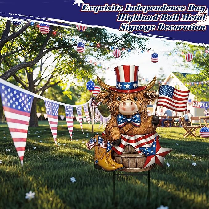 Amyhill 4th of July Highland Cow Outdoor Decor Patriotic Star Metal Garden Stakes Decorative Red White Blue Calf Lovers Yard Signs with Stakes for Independence Day Memorial Day Garden Lawn Decorations