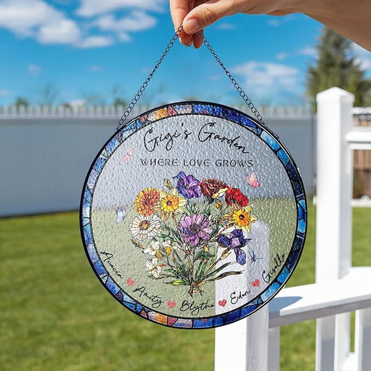 NAZENTI Custom Family Birth Flowers Glass Suncatcher, Personalized Stained Glass Window Hanging Suncatcher with Kids Name, Gifts for Mother's Day, Personalized Gigi Flower Garden
