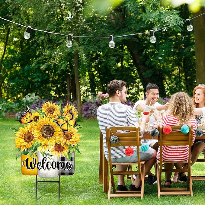 JarThenaAMCS Summer Sunflower Metal Garden Stakes Flower Welcome Yard Sign Watercolor Floral Vase Decorative Lawn Sign for Home Outside Lawn Porch Decor