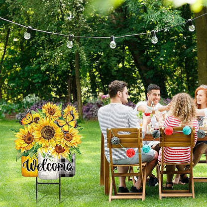 JarThenaAMCS Summer Sunflower Metal Garden Stakes Flower Welcome Yard Sign Watercolor Floral Vase Decorative Lawn Sign for Home Outside Lawn Porch Decor