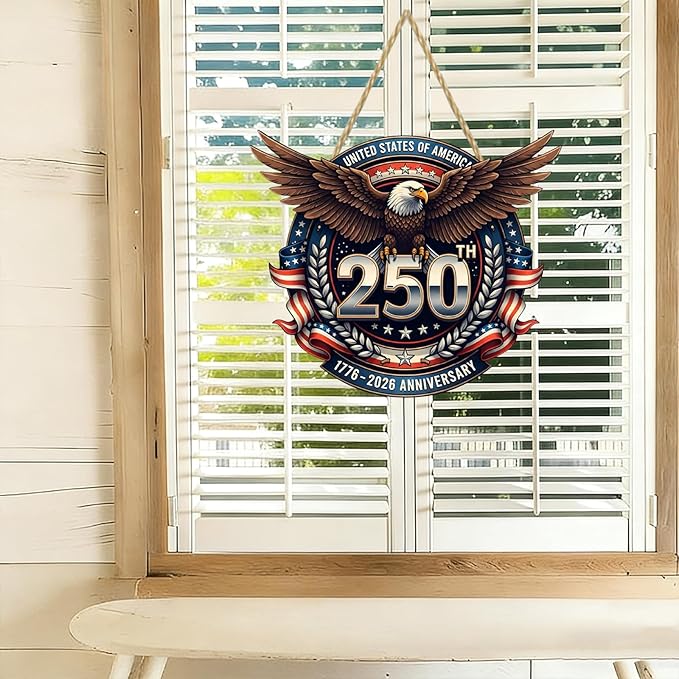 USA 250th Anniversary Double-Layer Wooden Sign Large Reusable USA 250th Bald Eagle American Flag Stars Stripes 1776-2026 250th Anniversary Rustic Wood Twine Hanging Door Wall Patriotic Decor 1 Pcs