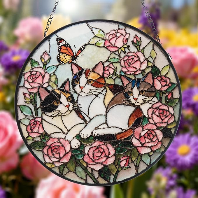 Double Sided Stained Glass Window Hanging, 7.9" Sun Catcher Panel, Green Plant Wall Art for Home & Garden, Unique Gift for Women & Men (Cats in Roses, 7.9 Inch)