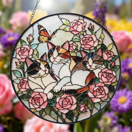 Double Sided Stained Glass Window Hanging, 7.9" Sun Catcher Panel, Green Plant Wall Art for Home & Garden, Unique Gift for Women & Men (Cats in Roses, 7.9 Inch)