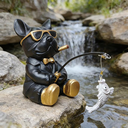 Outdoor Bulldog Resin Statue, Bulldog Garden Decoration for The Courtyard, Gift for Dog Lovers and Fishing Enthusiasts, Unique Garden Statue, Tabletop Animal Miniature Statue