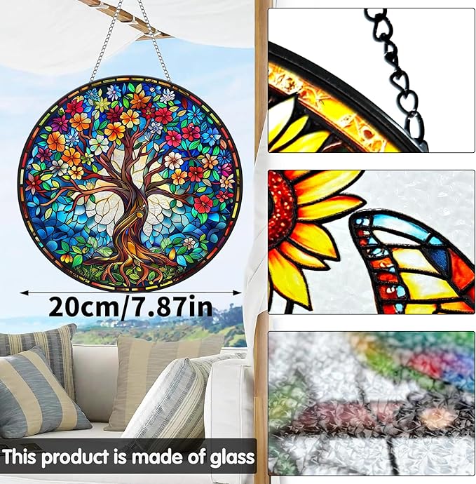 VAIIEYO Tree Sun Catcher Stained Glass Window Hanging Ornament, Handmade Sun Catcher Landscape Decoration with Hooks, Window Garden Home, Birthday Housewarming Gift 7.8 inch