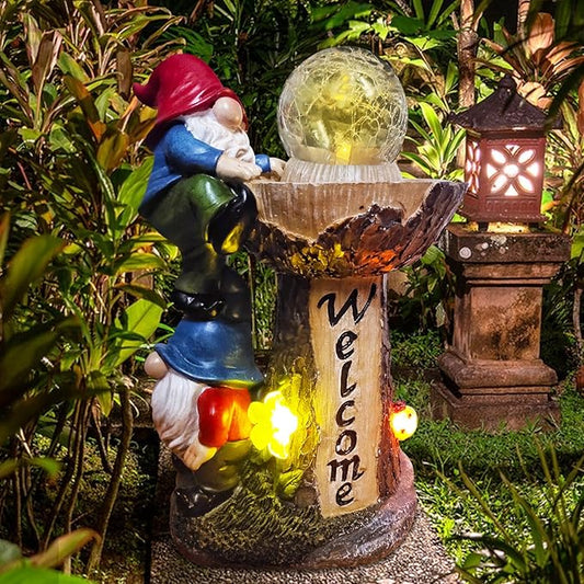 Garden Gnomes Outdoor Statue with Solar LED Lights, Solar Garden Gnomes Decorations10.4 in Funny Double Gnomes Sculptures Home Outdoor Lawn Yard Decor, Ideal Gnomes Gifts for Women/Grandma/Mom