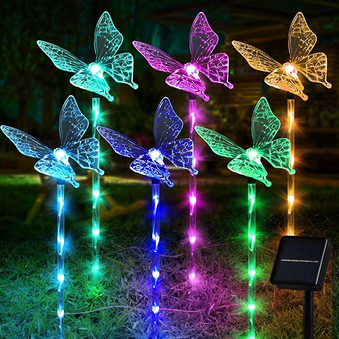 Set of 6 Arcylic Solar Lights for Outside, Solar Powered Garden Decorations with 8 Lighting Modes, Outdoor Waterproof Pathway Lights for Yard, Patio Plant Pot, Flower Bed (Butterfly)