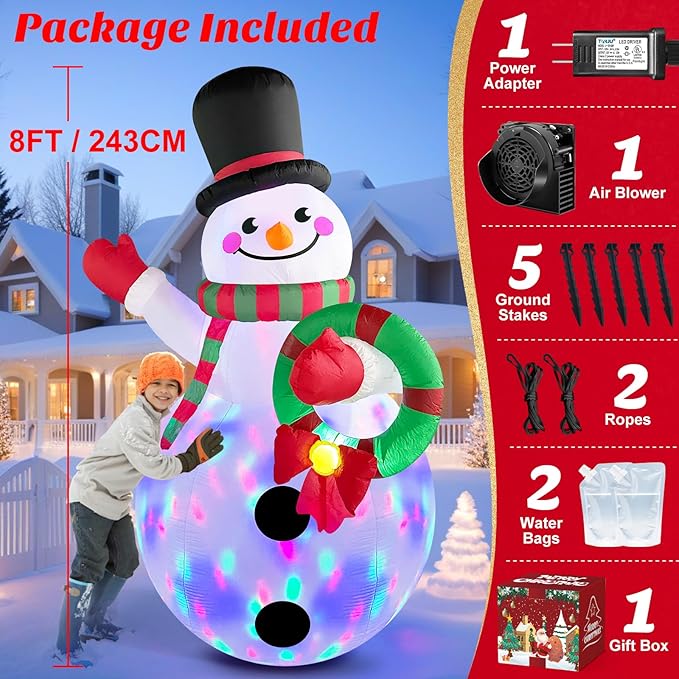 MICOCAH 8FT Christmas Inflatables Outdoor Decorations, Inflatable Snowman Holding Garland Blow Up Yard Decoration Build-in Rotating Colorful LEDs Xmas Holiday Party Indoor Lawn Christmas Eve Décor