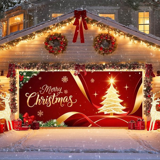 IVN Merry Christmas Garage Door Cover Decoration 13x6ft Golden Ribbon Tree on Red Holiday Christmas Banner Home Garage Door Front Yard Decor for Xmas Eve Winter Scene Holiday Outdoor Background