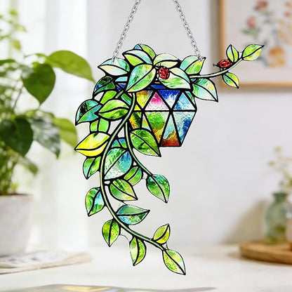 Plant Suncatcher Glass, Stained Glass Suncatcher Plant Window Hanging, Unique Nature Lover Gifts Leaf Idea