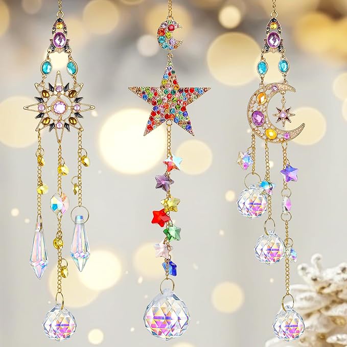 H&D HYALINE & DORA 3Pcs Sun Catchers with Crystals Glass Prisms Rhinestones Suncatcher Rainbow Maker Pendant Indoor Window Home Car Decor Gift(Star, Sun, Moon)