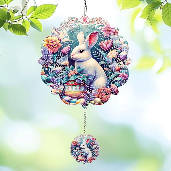 Wind Spinners Outdoor Easter Bunny and Eggs, 12 inch Stainless Steel Hanging Kinetic for Yard, Garden, Patio, Outdoor - Wind Spinners Craft Decor Birthday Gifts for Women, Men, Mom and Lovers