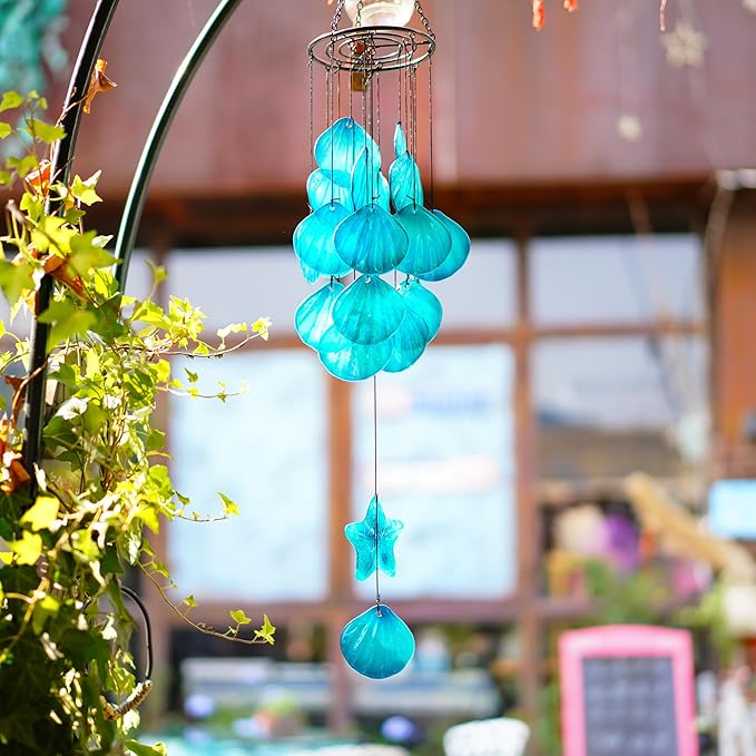 Stained Glass Wind Chimes for Outside,Handmade Large 25 inch Memorial Windchimes Outdoor,Sea Glass Decor for Patio Garden Balcony Porch (Shell & Starfish)